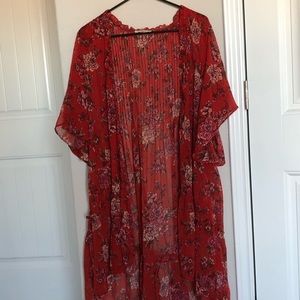 red flowy cardigan with flowers